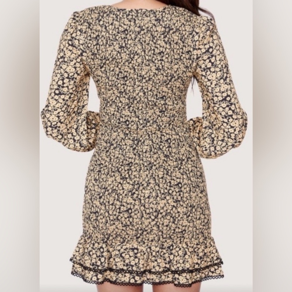 Lost+Wander Black Mini with Gold Floral Print, all over smocking, ruffle trim.S - Picture 2 of 14